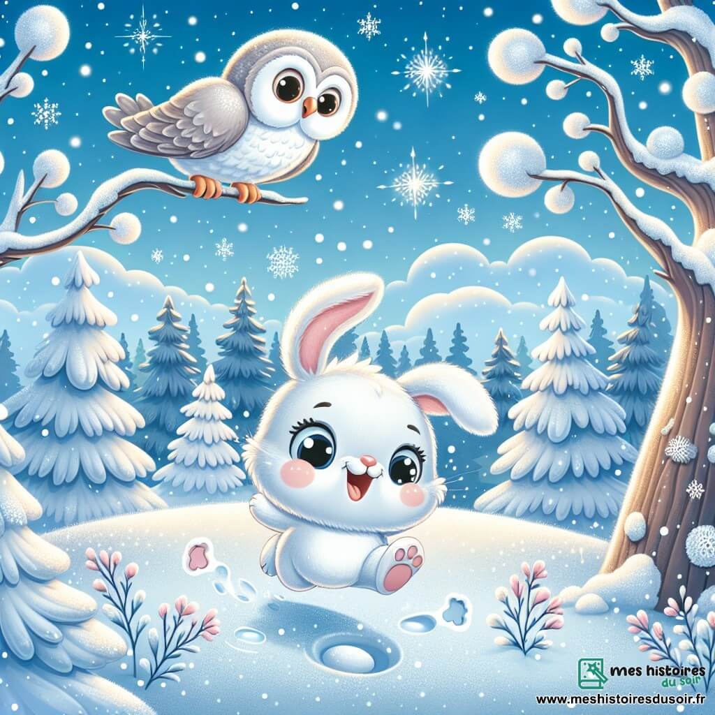 Illustration d'un petit lapin blanc aux grandes oreilles, joyeux, sautant dans la neige et laissant des empreintes rondes. Un hibou sage aux plumes grises l'observe, perché sur une branche. La scène se déroule dans une forêt enchantée, recouverte de neige scintillante sous un ciel bleu clair. Le lapin s'amuse tandis que le hibou raconte une histoire magique sur un renne apportant la joie en hiver, avec des flocons de neige tombant doucement et des étoiles scintillant au loin.