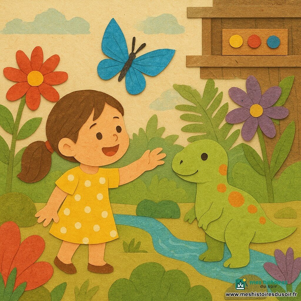 Fille de 4 ans émerveillée, cheveux bruns en couette, robe jaune à pois blancs, tend la main vers un papillon bleu; un petit dinosaure vert clair tacheté d'orange, de la taille d'un chien et au regard doux, l'accompagne dans un jardin préhistorique coloré (fleurs géantes, fougères, ruisseaux et roches) tandis qu'elle touche une fleur; en arrière-plan, une poutre de grenier en bois avec une boîte à boutons lumineuse.