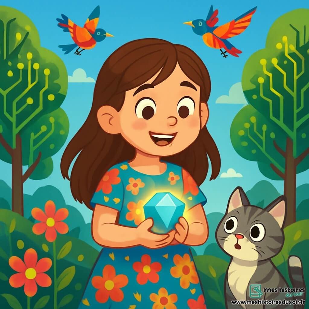 Lila, une fille de 10 ans aux longs cheveux bruns et aux yeux curieux, se tient au centre de la scène avec un sourire émerveillé. Elle porte une robe colorée à motifs floraux et tient une pierre scintillante. À ses côtés, son chat Félix, aux poils rayés gris et blancs, observe la pierre avec fascination. En arrière-plan, un paysage fantastique se dévoile avec des arbres en forme de circuits imprimés, des oiseaux mécaniques colorés et des fleurs luminescentes. Lila découvre la pierre magique, prête à entrer dans un monde où magie et technologie se rencontrent, entourée d'une aura de mystère et d'aventure.
