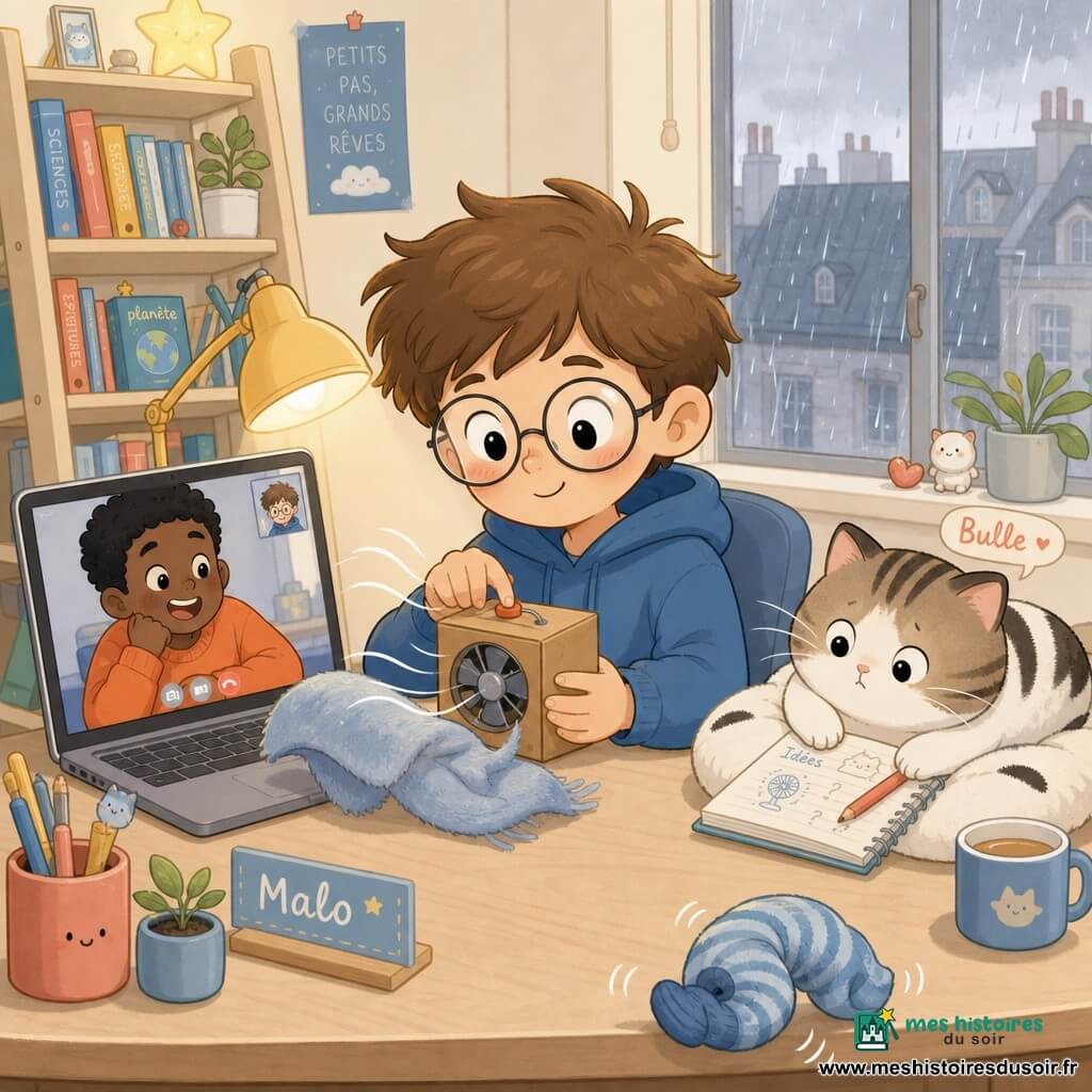 Malo, 11 ans, cheveux bruns ébouriffés et lunettes rondes, souriant et concentré, tient une petite boîte en carton avec un mini ventilateur et appuie sur un bouton pendant qu’on voit Sami, ~12 ans en pull orange, rire depuis l’écran d’un ordinateur posé sur le bureau ; à droite, le chat moelleux Bulle, blanc tigré, pose une patte sur un carnet, une chaussette bleue rayée roulée en boule commence à bouger au bord du bureau ; le coin télétravail est petit et chaleureux (bureau en bois clair, lampe jaune douce, bibliothèque penchée, fenêtre sur toits pluvieux, outils éparpillés) ; Malo teste son “Coussin-Souffleur” — souffle visible par de petites lignes courbes, tissu qui se soulève légèrement, expression de fierté et d’étonnement — le tout dans une palette pastel, traits arrondis, contours fins et lumière douce de la lampe et de l’écran.