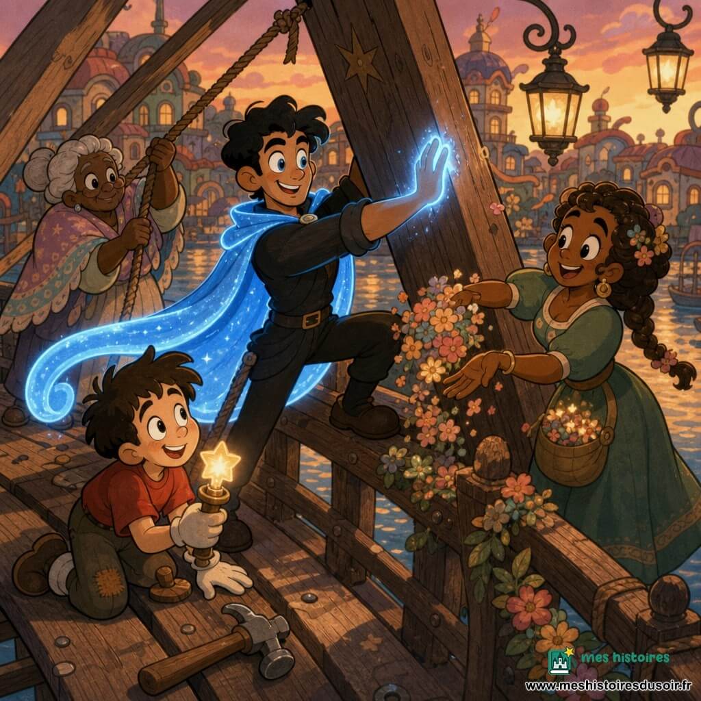 Un jeune homme, Solen, joyeux et concentré, cheveux noirs courts, cape bleu électrique ondule, yeux bleu lumineux, debout au centre d’un large pont en bois, guidant les habitants avec une main lumineuse qui soutient une poutre, posture dynamique, sourire tendre; à sa droite Amara, ~30 ans, cheveux bruns en tresse, robe verte aux poches pleines de graines brillantes, chante et verse des fleurs sur le pont, visage doux, gestes accueillants; un garçon de 8 ans, cheveux en bataille, t-shirt rouge, accroupi près d’une planche tenant une petite lampe comme une étoile et regardant Solen avec admiration; une vieille dame d’environ 70 ans, cheveux gris en chignon, châle à motifs pastels, tient une corde en souriant à l’arrière gauche pour stabiliser la poutre. Le pont en bois a de grosses poutres, barrières ornées de guirlandes florales, lanternes suspendues et reflets dorés sur l’eau; maisons pastel et bateaux flottants visibles au loin. Scène : réparation collective du pont au crépuscule chaud, la lumière bleue magique de Solen soutient la poutre tandis que les habitants martèlent et tiennent les cordes; ambiance chaleureuse, rires, petites étoiles gravées dans le bois, plans rapprochés sur les visages, couleurs chaudes et contrastes doux, texture grainée rétro.