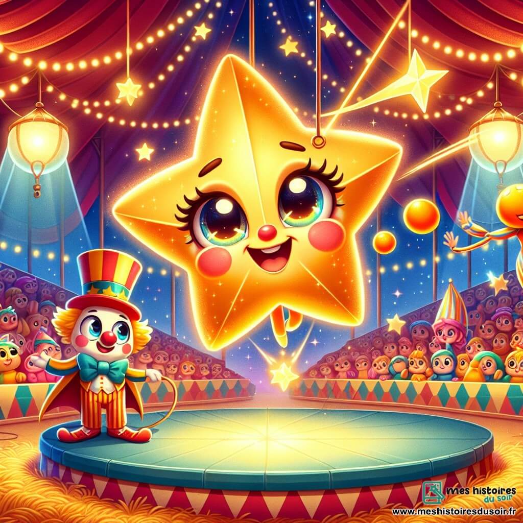 Étoile, une petite étoile filante aux yeux brillants, scintille de joie en flottant dans les airs, entourée d'une lumière éclatante. Elle sourit et observe le spectacle avec émerveillement. Grincheux, le clown joyeux au nez rouge, jongle avec des oranges tout en riant, vêtu d'un costume coloré. Juste en dessous d'Étoile, il exprime une joie contagieuse. Zigzag, le funambule agile, est en équilibre sur un fil tendu, concentré et déterminé à réaliser une pirouette spectaculaire. Le lieu est une grande tente de cirque colorée, avec des lumières scintillantes et des spectateurs émerveillés. Étoile illumine le numéro de Zigzag, qui effectue une acrobatie audacieuse, tandis que Grincheux applaudit et encourage, créant une ambiance festive.