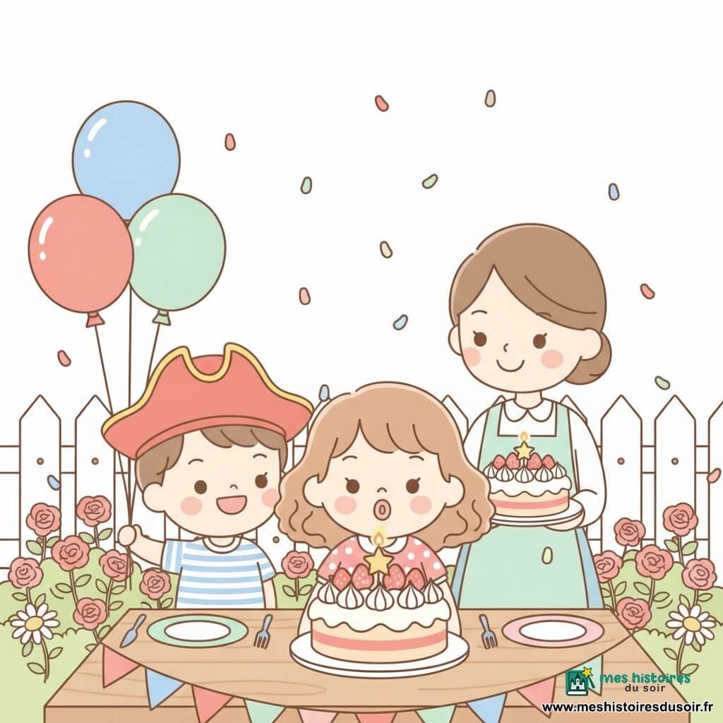 Fille de 4 ans très heureuse, yeux brillants, large sourire, cheveux bouclés châtain clair, robe rose à pois blancs, soufflant une bougie en forme d’étoile sur un gâteau à la chantilly garni de fraises ; garçon de 4 ans, chapeau de pirate rouge, cheveux courts bruns, air joueur, tenant des ballons rouges, bleus et verts à gauche de la table ; la maman, sourire tendre, cheveux en chignon, tablier pastel, tient le gâteau en arrière-plan à droite ; petit jardin ensoleillé avec clôture blanche, fleurs colorées, table en bois décorée de guirlandes et d’assiettes colorées ; confettis qui tombent, ambiance chaleureuse et ludique ; palette douce et vive (rose, bleu ciel, vert menthe), traits ronds, contrastes nets, style kawaii minimal, composition claire pour enfants.