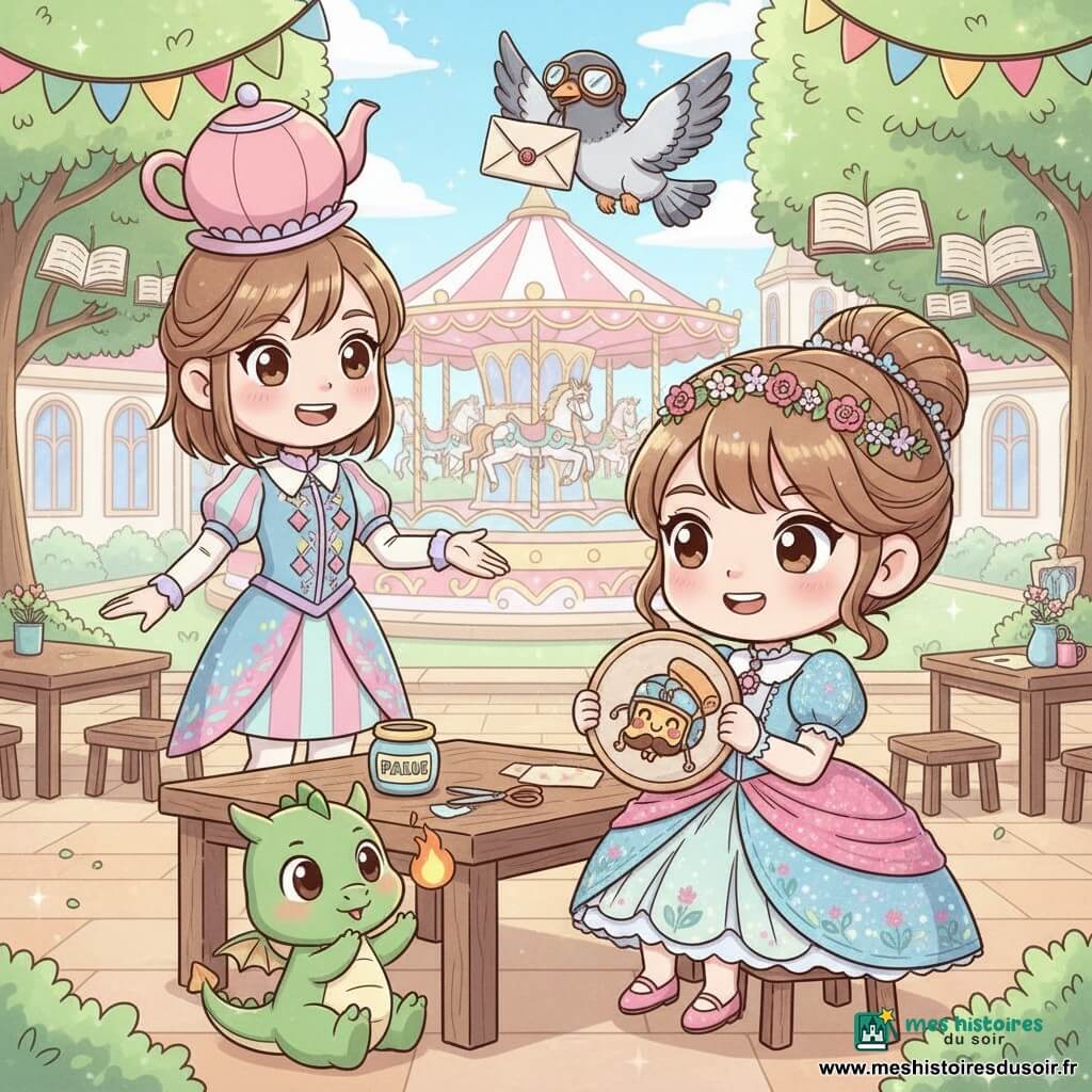 Princesse Zélie (environ 8 ans) sourit sereine, cheveux châtain clair en chignon avec paillettes, robe pastel rose et bleue et couronne de fleurs, assise près d’une table avec pot de colle et ciseaux en tenant un badge rond en carton décoré d’une pizza casquée et moustachée; Pip, petit dragon vert tendre aux ailes minuscules et flamme timide au bout du nez, roule sur sa queue à côté de la table en applaudissant; une fée guichetière jeune porte un chapeau en forme de théière et un uniforme coloré, debout derrière le manège saluant; un pigeon facteur rigolo vole au-dessus en tenant une lettre; lieu : cour du palais décorée de guirlandes pailletées, banderoles et manège de chevaux nuageux, arbres aux feuilles en forme de livres; situation : distribution de badges pendant la fête, ambiance joyeuse et maîtrisée, couleurs pastel vives, lumières douces, expressions mignonnes, textures carton, tissu et paillettes visibles.