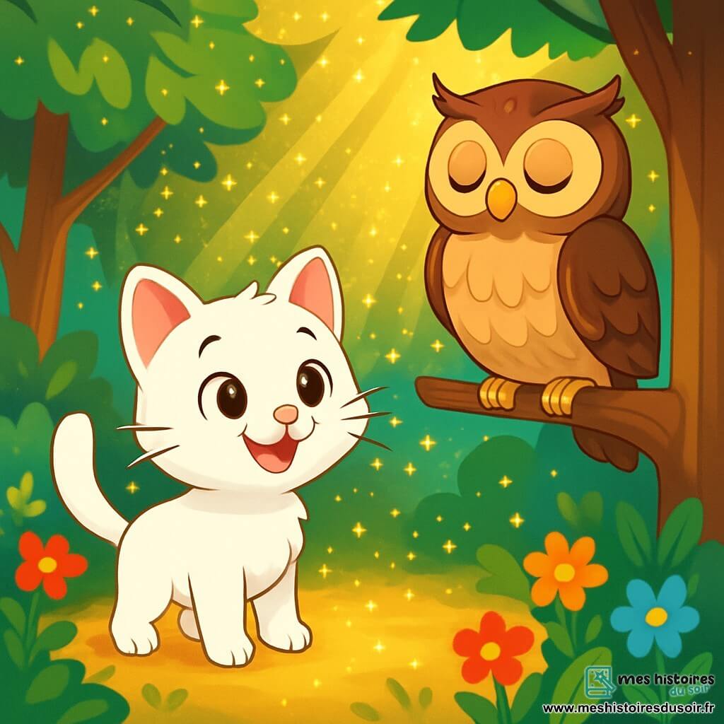 Un petit chat nommé Minou, au pelage blanc et aux yeux curieux, se tient dans une clairière, excité. Il sourit, ses moustaches frémissant sous la brise. À ses côtés, une vieille chouette aux plumes brunes et dorées l'observe avec bienveillance, prête à partager sa sagesse. La clairière est illuminée par une lumière dorée et une pluie de poussière magique, entourée de fleurs colorées et de grands arbres. Minou écoute attentivement la chouette, absorbant chaque mot, tandis que la magie de l'Aube Dorée les entoure, promettant des aventures extraordinaires.