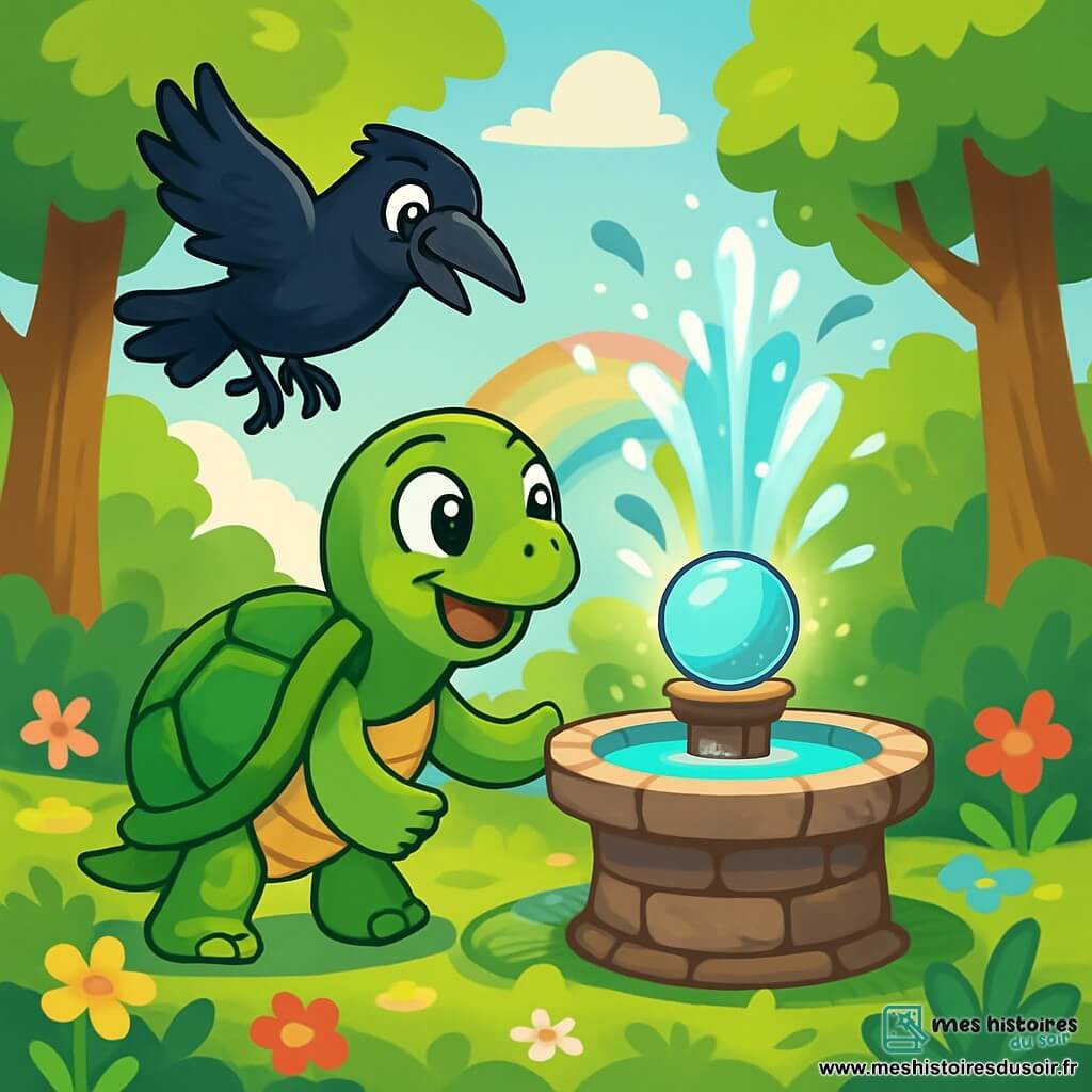 Tilly, une tortue à la carapace verte éclatante et aux yeux curieux, se tient devant une fontaine de cristal scintillante, son visage rayonnant d'émerveillement et de détermination. À ses côtés, Cornélius, un vieux corbeau aux plumes noires brillantes, vole légèrement au-dessus d'elle, observant la scène avec bienveillance. La clairière est entourée d'arbres majestueux et de fleurs colorées dansant au vent. La fontaine en pierres anciennes projette des gouttes d'eau étincelantes, créant un arc-en-ciel. Tilly s'approche de la perle de sagesse sur le socle de la fontaine, joyeuse et excitée, prête à découvrir le trésor qui changera sa vie.