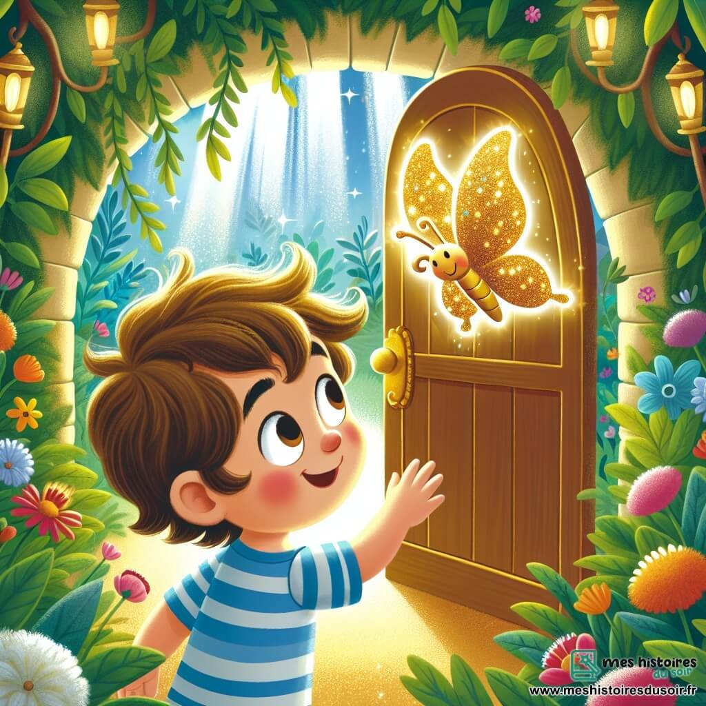 Léo, un petit garçon de 2 ans aux cheveux bruns en bataille et aux yeux curieux, se tient devant une porte brillante dissimulée sous des buissons. Il sourit, émerveillé, avec ses joues roses et ses petites mains tendues vers la porte. Un papillon doré aux ailes scintillantes vole autour de lui, ajoutant une touche magique à la scène. Le jardin est enchanté, rempli de fleurs colorées, de buissons touffus et d'une lumière douce filtrant à travers les feuilles. Léo, prêt à découvrir la porte mystérieuse, s'apprête à entrer dans un monde magique, guidé par le papillon.