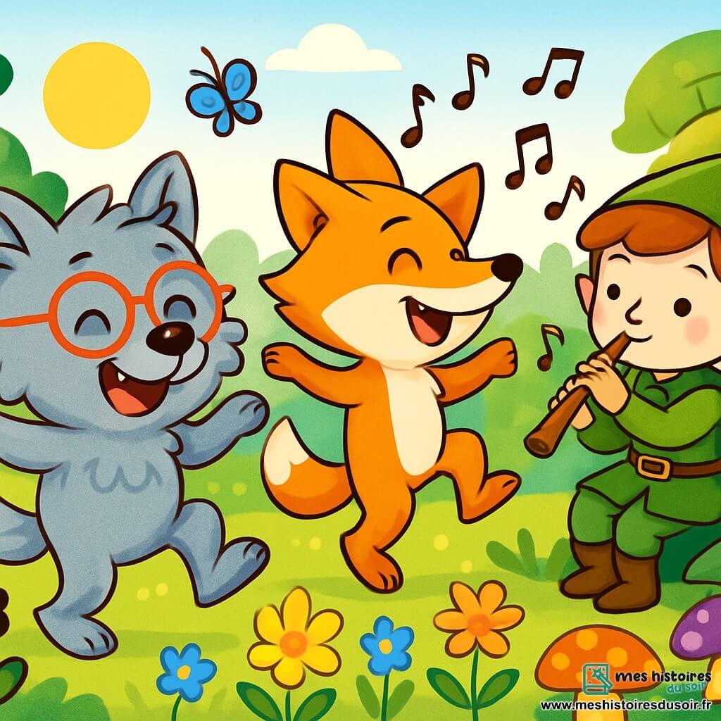 Un petit loup-garou nommé Lupi, avec une fourrure gris clair et des lunettes rouges, danse joyeusement entouré de fleurs colorées. À ses côtés, son ami Tino, un renard espiègle au pelage orange vif et chapeau pointu, saute de joie. En arrière-plan, une clairière ensoleillée de la forêt magique est remplie de champignons géants, de fleurs dansantes et de papillons multicolores. Lupi et Tino dansent au son de la musique d'un elfe, créant une ambiance festive et enchantée.