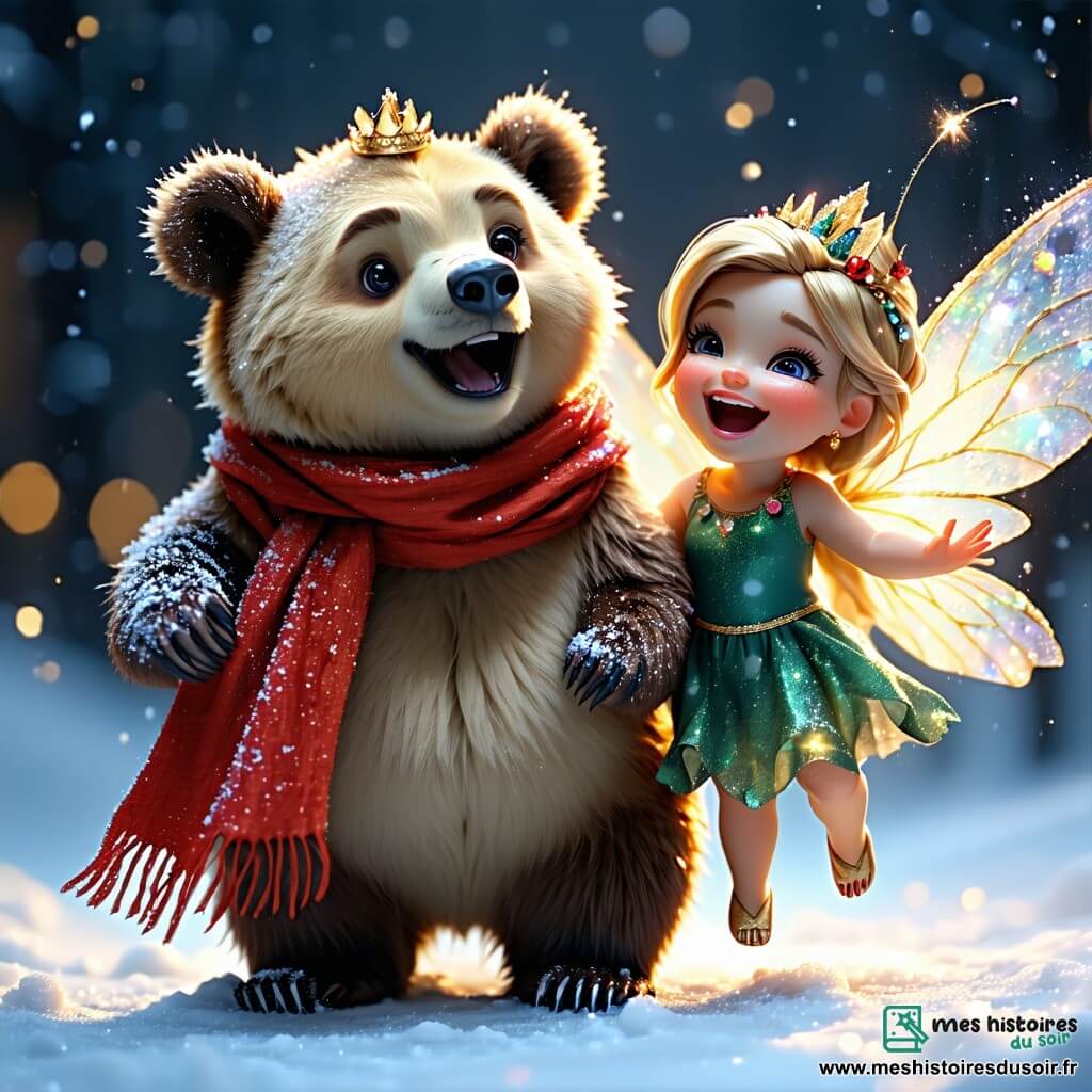 Au centre de l'image, Oscar l'ours, un jeune ourson aux poils bruns, sourit avec curiosité, portant un foulard rouge. À sa droite, Lily, la fée des rires, rit en lançant des paillettes, tandis qu'à gauche, Clochette le lutin jongle avec des pommes de pin. Le décor est une tente de carnaval colorée, avec des guirlandes et des lumières scintillantes, créant une ambiance festive et magique. La scène évoque la joie et l'excitation d'un carnaval plein de surprises.