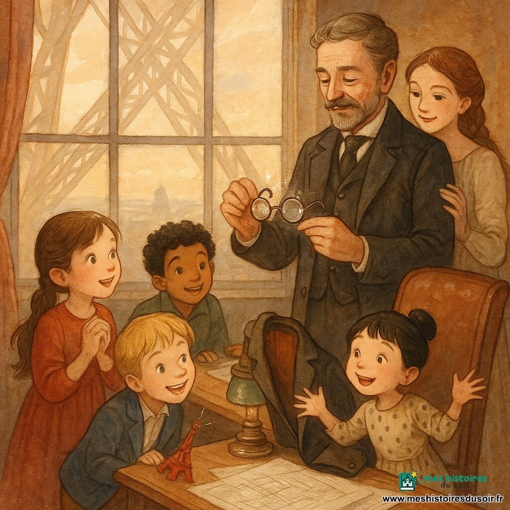 Six personnages dans le bureau de Gustave Eiffel à la tour, intérieur XIXe au sol en parquet brun : Gustave Eiffel, homme d’environ 50 ans, silhouette élancée et moustache soignée, penché vers la poche d’un habit posé sur une chaise, visage soulagé, tenant une paire de lunettes anciennes en métal fin ; Valentine, sa fille d’environ 18 ans, cheveux châtain nattés, robe longue crème, debout derrière lui, main sur son épaule, souriante ; quatre enfants d’environ 9 ans autour, Cléa à gauche au premier plan en robe rouge, mains jointes et émerveillée ; Georges accroupi près d’elle tenant une petite tour Eiffel jouet, posture malicieuse ; Mehdi en retrait, main sur le bureau, regard curieux ; Yoko à droite au premier plan, mains écartées comme pour célébrer la découverte. Grand bureau en bois massif avec papiers et plans déroulés, lampe à huile à abat-jour vert, fenêtre haute sur la ville, touches rouges de la miniature de la tour ; scène centrée sur la poche ouverte et les lunettes métalliques brillantes, expression collective d’émerveillement et de soulagement, atmosphère douce et lumineuse aux tons ocre et brun, aquarelle pastel avec contours fins et reflets blancs scintillants sur les lunettes et les yeux des enfants.