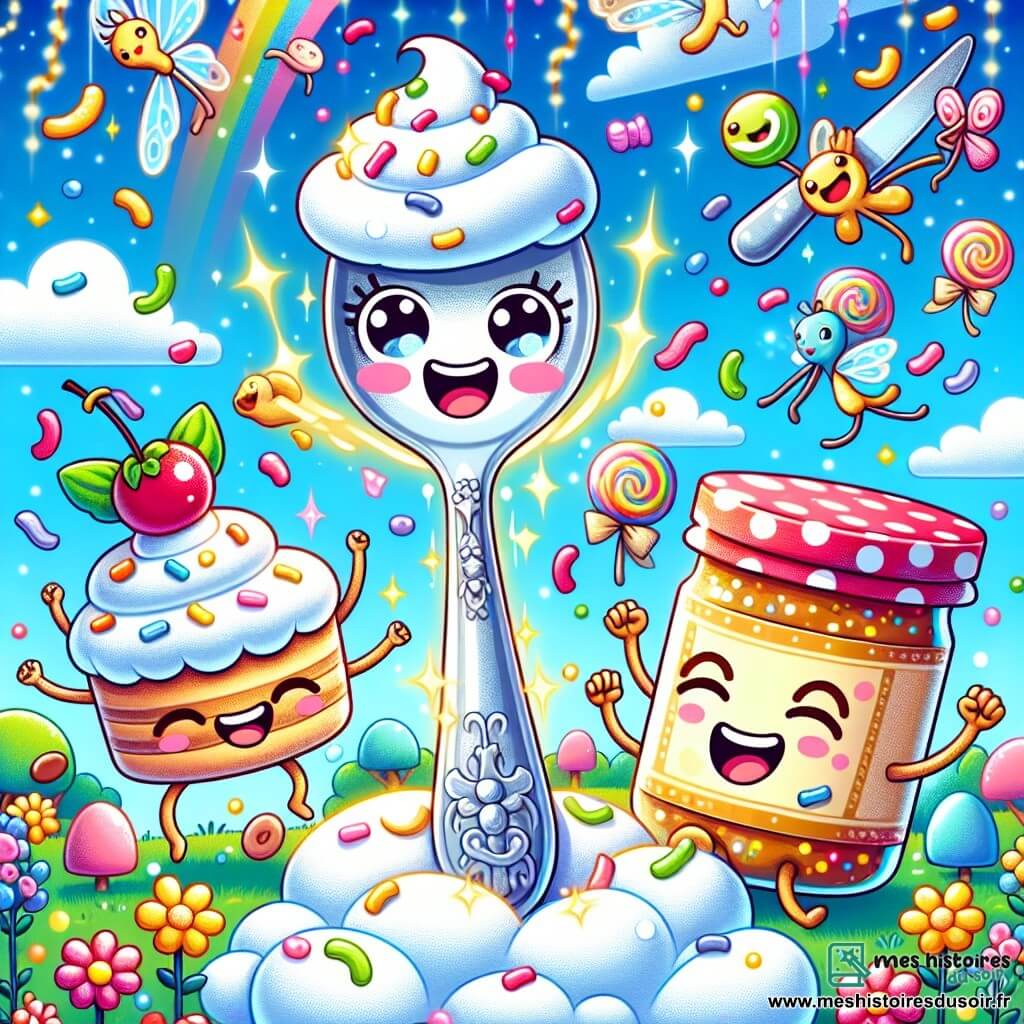 Au centre de l'image, une cuillère nommée Cacahuète, souriante, danse sur un nuage de crème chantilly, entourée de confettis et de bonbons tombant du ciel. À sa droite, un vieux pot de confiture avec un couvercle rouge applaudit, tandis qu'à gauche, un petit couteau fait des pirouettes. Le décor est un jardin coloré avec des fleurs, des papillons et un arbre en guimauve. Cacahuète organise une fête joyeuse avec ses amis ustensiles pour célébrer leur chasse au trésor, entourés de douceurs et de rires.