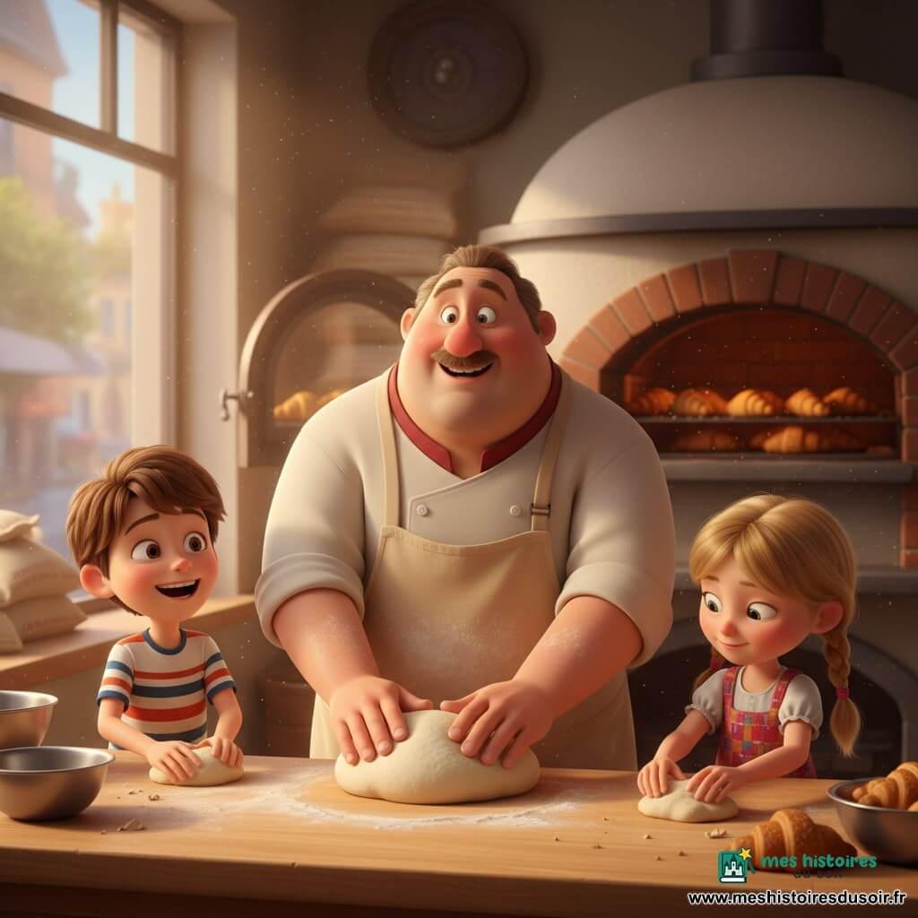 Un boulanger souriant et bienveillant, visage rond et fine moustache, tablier beige poudré de farine, pétrit une grosse boule de pâte sur un plan en bois tandis que Lucas (≈7 ans), t-shirt rayé, tente de pétrir un petit morceau à gauche en riant, et Emma (≈6 ans), cheveux blonds en couettes, façonne un mini croissant à droite, concentrée et souriante ; la boulangerie chaleureuse, comptoir clair, sacs de farine, bols et four en briques ouvert avec des croissants dorés, lumière matinale et poussière de farine flottante renforcent l'atmosphère de partage et d'apprentissage.