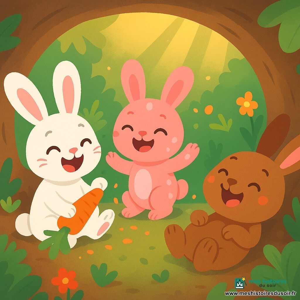 Un petit lapin blanc nommé Léo, avec de grandes oreilles et des yeux malicieux, est assis dans un terrier douillet, riant après avoir tiré sur une carotte. À côté de lui, sa sœur Mimi, un lapin rose avec des taches blanches, rit les pattes en l'air. Son frère Toto, un lapin brun aux joues rondes, est allongé sur le sol, se roulant de rire. Le terrier est rempli de feuillages verts, de petites fleurs et de rayons de soleil, créant une ambiance joyeuse. Les trois lapins partagent une carotte, éclatant de rire ensemble, remplis de bonheur.