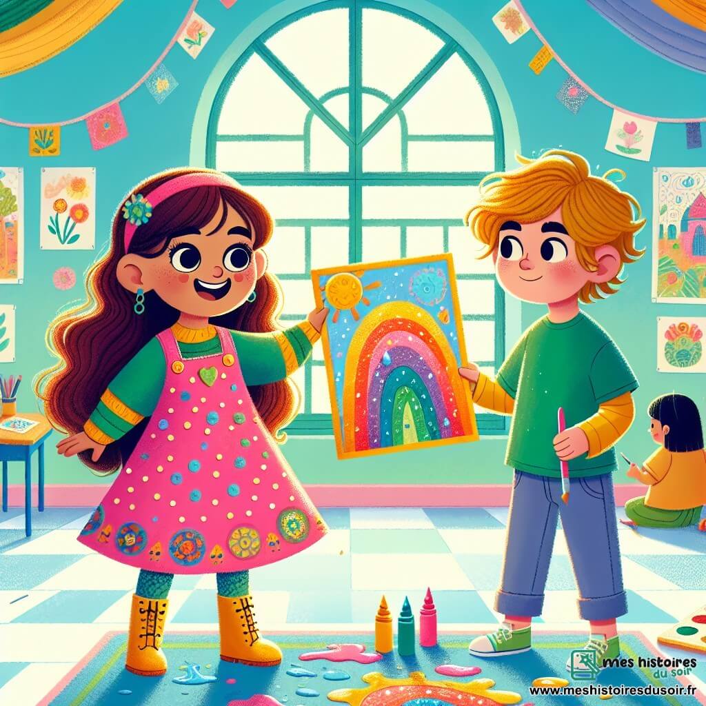 Lila, une petite fille de 4 ans aux longs cheveux bruns et aux yeux pétillants, sourit joyeusement en tenant un dessin coloré d'une flaque d'eau. Elle porte une robe rose à pois et des bottes jaunes brillantes. À côté d'elle, Paul, un garçon de 4 ans avec des cheveux blonds en bataille et un t-shirt vert, admire son dessin avec émerveillement. Ils se trouvent dans une salle de classe lumineuse aux murs bleu clair, entourés de dessins accrochés. Lila et Paul partagent un moment de créativité et de joie en découvrant la beauté de leurs œuvres.