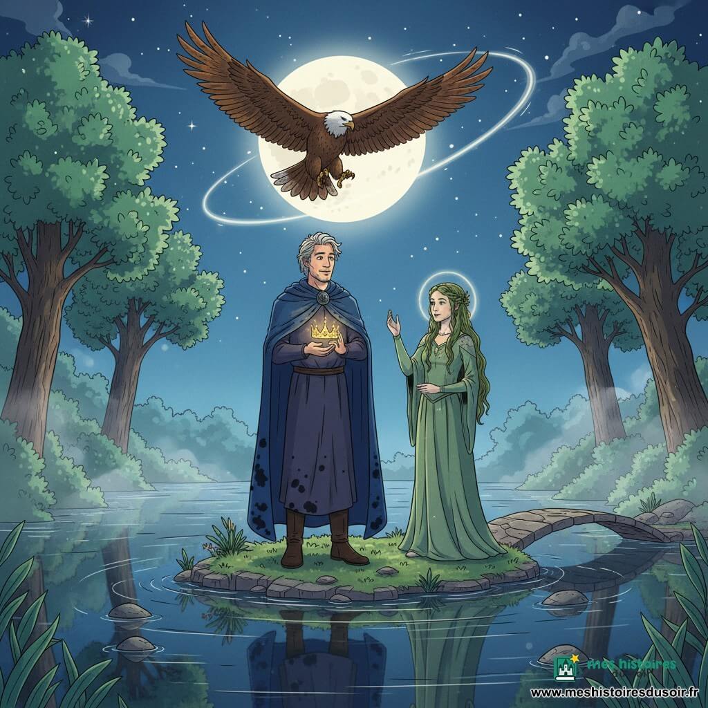 Elandor, homme d'environ 40 ans aux cheveux gris ébouriffés et au regard serein, se tient sur un îlot de pierre au centre d’un lac miroir noir, tenant entre ses mains une petite couronne dorée qui émet une lueur chaude; à droite, Lyra, dryade d'environ 20 ans à la peau vert pâle et aux cheveux tressés de lierre, vêtue d’une robe mousse, lève la main en bénédiction, tandis qu’un aigle majestueux aux plumes brunes et dorées vole en cercle au-dessus, le tout baigné par la pleine lune reflétée dans l’eau, un pont de lumière relie l’île à la rive, une brume argentée flotte parmi des arbres aux feuilles phosphorescentes et des pierres moussues; ambiance héroïque, paisible et mystérieuse, style illustration vectorielle aux contours nets, couleurs saturées et textures légères, composition centrée adaptée à un livre jeunesse.