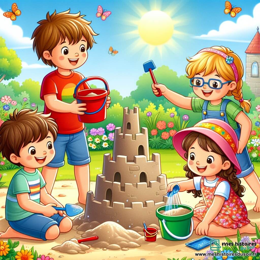 Dans un jardin ensoleillé, quatre amis s'activent joyeusement à construire un château de sable. Léo, 7 ans, avec des cheveux bruns en désordre, porte un t-shirt rouge et un short bleu, tenant un seau rouge. Mia, 6 ans, aux cheveux blonds tressés et en robe à fleurs, ajoute du sable avec une pelle bleue. Tom, 8 ans, avec des lunettes et des cheveux châtains, mouille le sable avec un seau vert. Zoé, 7 ans, cheveux bouclés sous une casquette rose, tapote le château avec une canne. Le jardin est rempli de fleurs colorées et de papillons, tandis que les amis rient et s'encouragent, illustrant la beauté de l'amitié.