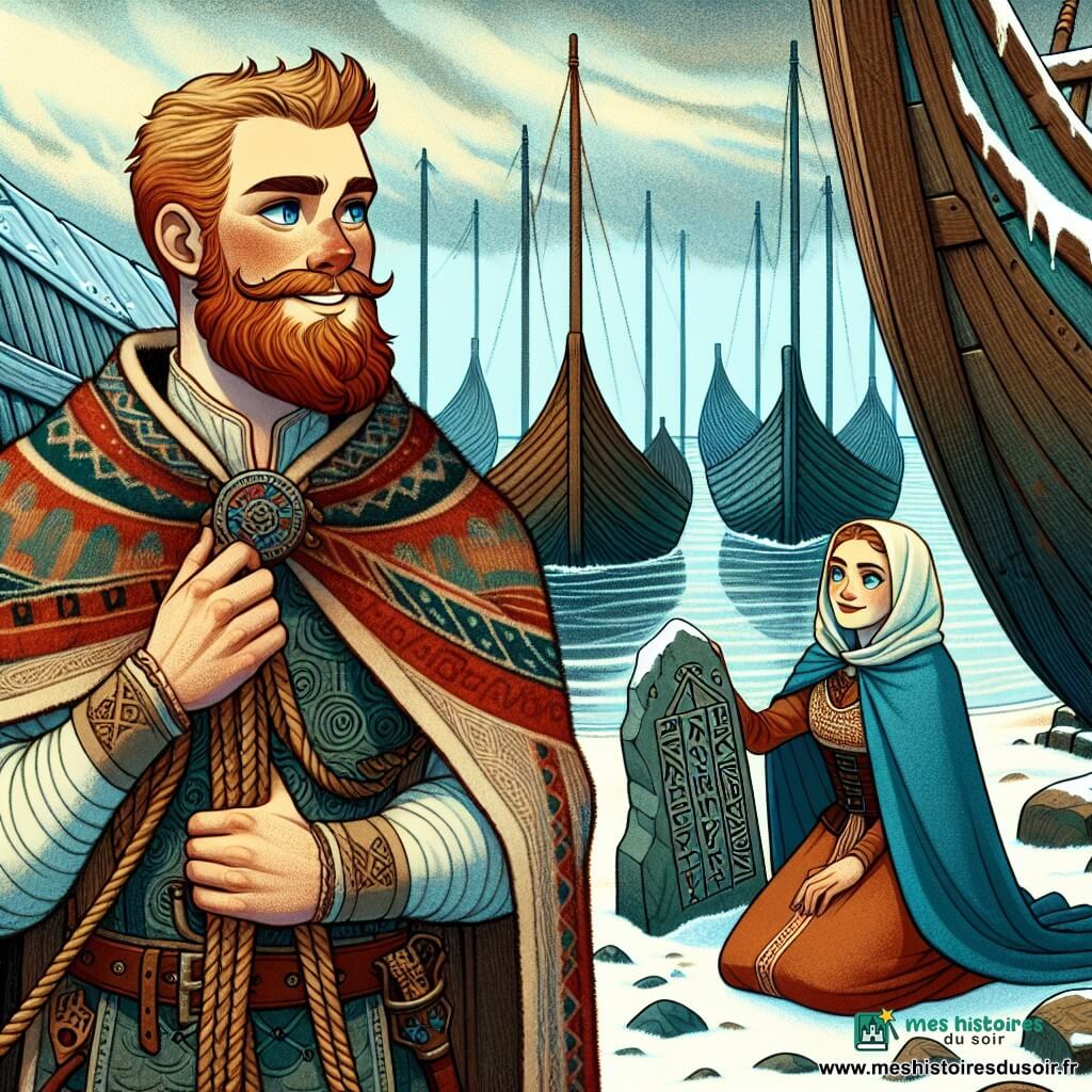 Arvid, un homme grand aux épaules larges avec une barbe rousse et des yeux déterminés, se tient sur un vieux chantier naval avec un sourire confiant. Il porte une tunique en laine ornée de motifs nordiques et tient une corde tressée, prêt à libérer le navire. À ses côtés, Asa, une jeune femme d’environ 20 ans, drapée dans une cape bleue, observe la mer avec curiosité, agenouillée près d'une pierre runique. Le chantier naval est ancien, entouré de coques de bois échouées sous un ciel grisâtre. La neige recouvre le sol, contrastant avec le bois sombre. Arvid et Asa se concentrent sur le navire Cœur-de-Sapin, coincé dans la glace. Arvid s'apprête à allumer un feu pour réchauffer l’atmosphère, tandis qu’Asa écoute le vent, déterminés à libérer le navire, unis par l'espoir et le courage.