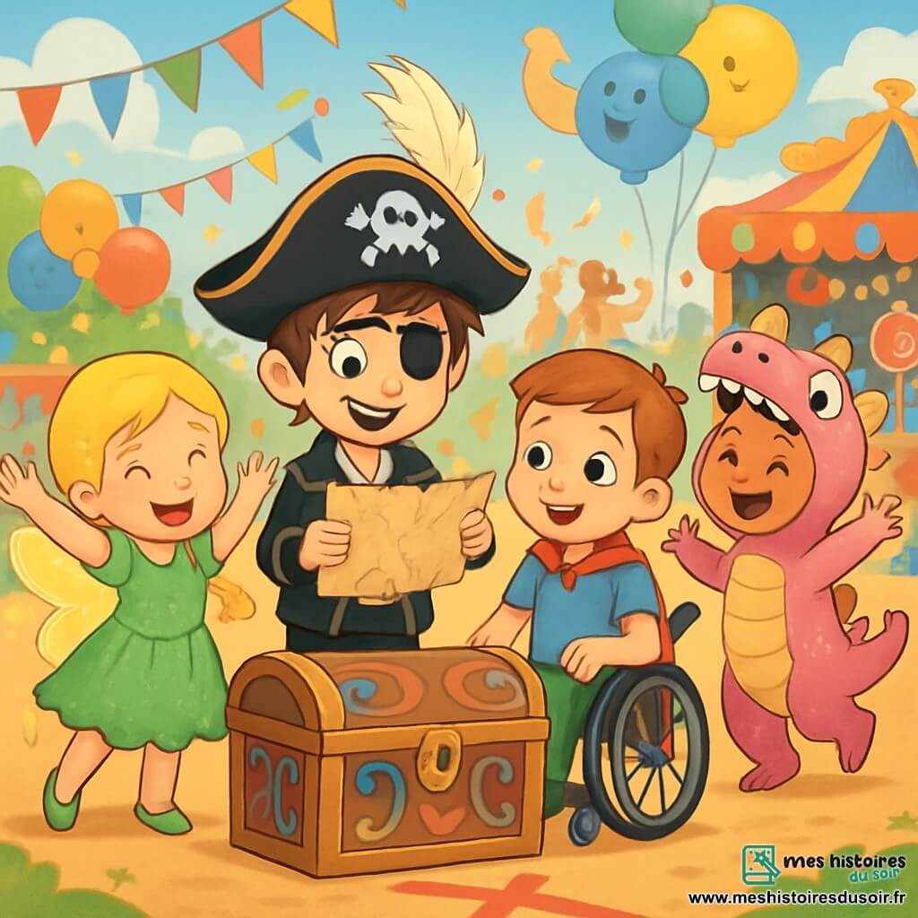 Quatre enfants sont présents : Léo, un garçon de 7 ans en costume de pirate, souriant avec une carte enchantée ; Emma, une fille de 7 ans en fée scintillante, levant les bras ; Max, un garçon de 7 ans en fauteuil roulant avec une cape de super-héros, curieux de la carte ; et Zoé, une fille de 6 ans déguisée en dinosaure rose, sautillant de joie. Ils se trouvent dans un carnaval magique, entourés de couleurs éclatantes, de guirlandes et de ballons. Ils découvrent une grande boîte en bois décorée, marquée d'un X rouge, et sont excités à l'idée d'ouvrir le trésor qu'elle renferme.