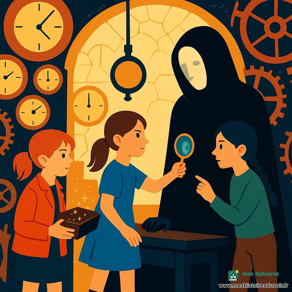 Quatre personnages dans l'intérieur d'une haute tour d'horloges : Lina, 9 ans, cheveux châtain en queue, robe bleue et bottines, debout au centre face à l'Horloger, main tendue vers un petit miroir rond ; Zoé, 9 ans, cheveux courts roux et veste rouge, à gauche, tenant une boîte ouverte d'où s'échappent de petites étincelles lumineuses (les « heures ») ; Inès, 9 ans, cheveux noirs en tresse, pull vert et pantalon brun, à droite, pointant le grand balancier en haut de la tour avec une expression prudente ; et l'Horloger Sans Visage, silhouette adulte en manteau sombre, gants couverts de poussière noire, debout derrière une table d'atelier, visage lisse reflétant faiblement une tristesse dans un petit miroir. La tour circulaire est couverte de cadrans en laiton, rouages géants oxydés et pendules suspendues, une lumière lunaire filtrant par un dôme de verre craquelé, nappes de poussière noire et étincelles flottantes ; les filles confrontent l'Horloger pour qu'il rende les heures lumineuses volées, scène en plan moyen aux contrastes forts entre zones sombres et lumières chaudes, style graphique épuré en aplats de couleur.