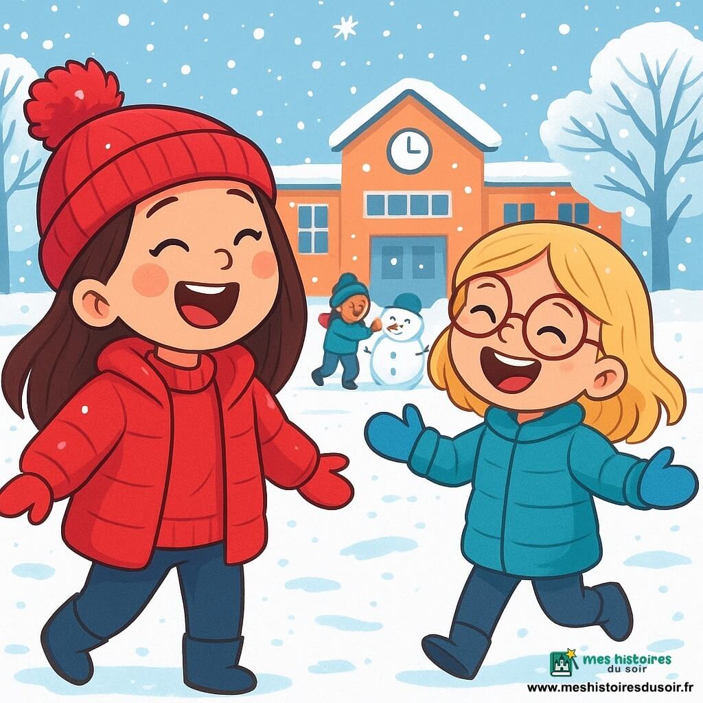 Léa, une petite fille de 6 ans aux longs cheveux bruns et joues roses, sourit en chantant dans une cour d'école enneigée. Elle porte un gros pull rouge, une doudoune brillante et un bonnet à pompon. À ses côtés, sa meilleure amie Jade, également âgée de 6 ans, a les cheveux blonds et des lunettes rondes. Elle danse en riant, ses moufles bleues flottant dans l'air. La cour est remplie de flocons de neige, d'arbres givrées et de traces de pas. En arrière-plan, des enfants jouent et construisent un bonhomme de neige. Léa et Jade chantent ensemble, entourées de l'esprit joyeux de l'hiver.