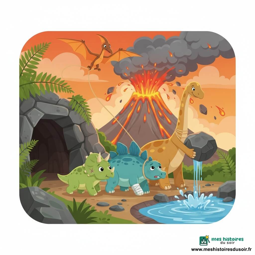 Toto, petit tricératops vert tendre aux trois cornes brillantes et à la petite égratignure frontale, pousse doucement un stégosaure blessé (plaques bleues, patte bandée, visage soulagé) tandis que Dina, grand diplodocus au cou long et taches ocre, soulève des pierres pour dégager le chemin vers une grotte sombre bordée de fougères, et Pipo, ptérodactyle orange, vole au-dessus avec une corde pour stabiliser; en arrière-plan, une montagne volcanique crache lave et fumée créant un contraste dramatique avec les personnages amicaux — style : illustration vectorielle nette, couleurs saturées, contours doux, composition lisible pour enfants.