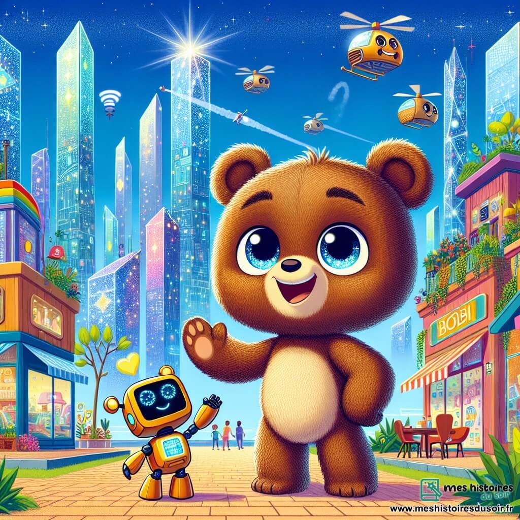 Un ourson nommé Oscar, avec un pelage brun doux et un grand sourire, se tient au centre de la scène, émerveillé par la ville futuriste de Boulonopolis. À ses côtés, un petit robot cubique nommé Cubi, avec des lumières clignotantes, lève un bras en saluant. En arrière-plan, la ville est remplie de gratte-ciels en verre, de voitures volantes et de jardins suspendus. Oscar et Cubi explorent un marché animé, où des vitrines affichent des vêtements changeant de couleur et des cafés servant des boissons flottantes. Oscar pointe du doigt un café flottant, tandis que Cubi explique les merveilles technologiques.