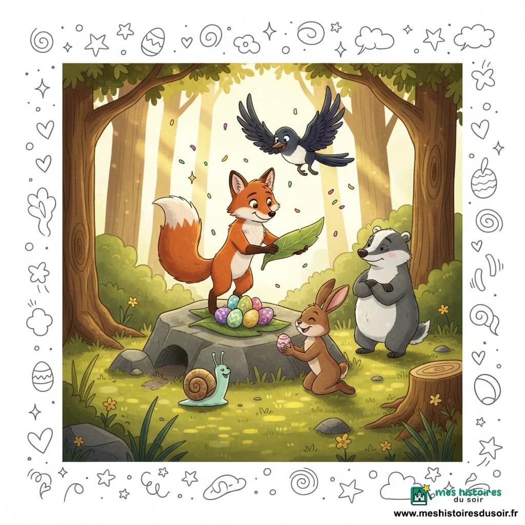 Silex, renard roux à fourrure dense et grande queue, se tient fièrement sur un gros caillou en tenant une feuille comme table pour surveiller le partage des œufs; Mina, pie au plumage noir et blanc, vole au‑dessus du groupe comme sentinelle; Roussette, lapine brune aux longues oreilles, offre un œuf à un petit escargot timide; le blaireau gris et blanc, un peu grognon mais apaisé, veille près d’un petit trou; Lune‑Lente, escargot à coquille nacrée, reçoit un œuf, le tout dans une clairière mousseuse du Grand Bois éclairée de rayons dorés entre vieux chênes, autour d’un tas d’œufs colorés posés sur une grande feuille, animaux rassemblés en cercle partageant joyeusement, quelques confettis et paillettes flottent encore.