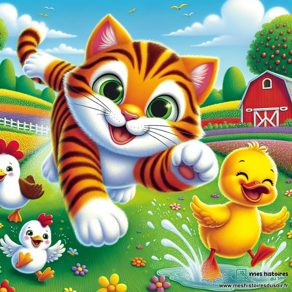 Un chat espiègle nommé Minou, avec un pelage tigré orange et des yeux verts pétillants, court joyeusement dans un champ verdoyant, un grand sourire sur le visage. À ses côtés, Poupette, une poule aux plumes blanches et dorées, bondit avec enthousiasme, tandis que Ducky, un canard aux plumes jaunes éclatantes, glisse sur une flaque d'eau, éclaboussant tout autour de lui. Le lieu est un charmant petit village de ferme, avec des champs de fleurs colorées, des arbres fruitiers et une grange rouge sous un ciel bleu parsemé de nuages. Minou, Poupette et Ducky s'amusent ensemble, créant une ambiance joyeuse et ludique, remplie de camaraderie et de rires.