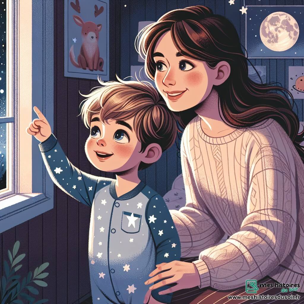 Un petit garçon de 4 ans, Louis, aux cheveux châtains et aux yeux pétillants, se tient près d'une fenêtre, curieux et émerveillé. Il porte un pyjama bleu avec des étoiles blanches et regarde le ciel nocturne étoilé. À côté de lui, sa maman, une femme douce d'environ 30 ans aux cheveux longs et bruns, lui sourit tendrement tout en lui montrant les étoiles, vêtue d'un pull confortable. La scène se déroule dans la chambre de Louis, décorée de posters de planètes et de dessins d'animaux, avec la lumière de la lune filtrant à travers la fenêtre. Louis, fasciné, découvre la beauté des étoiles, surmontant sa peur du noir.