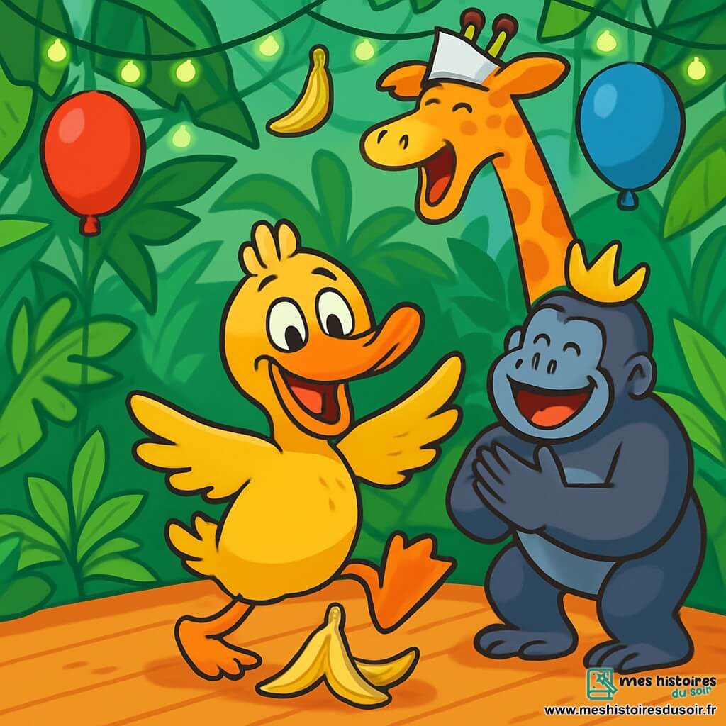 Un canard nommé Marcoulette, avec un bec tordu et des plumes jaunes, se tient au centre de la scène, les yeux pétillants et un large sourire. Il glisse sur une peau de banane, les ailes écartées, prêt à tomber dans les bras de ses amis. À sa droite, Gigi la girafe rit aux éclats, les pattes en l'air, tandis qu'Alfred le gorille, musclé et joyeux, applaudit avec enthousiasme. Le lieu est une piste de danse dans la Serre Tropicale, entourée de plantes luxuriantes et de guirlandes lumineuses. Des ballons colorés flottent et des décorations en forme de bananes sont accrochées. La situation principale montre le Bal de la Banane Royale, où tous les animaux dansent joyeusement, créant une atmosphère de bonheur et de camaraderie.