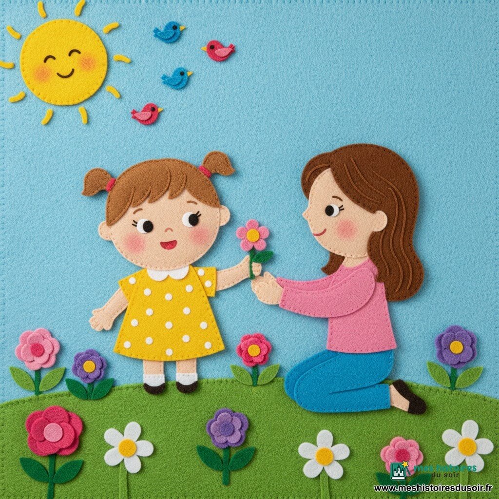 Fille de 2 ans au visage rond et joues roses, cheveux châtain clair en deux petites nattes, souriante, en robe jaune à pois blancs tenant une petite fleur rose; maman d’environ 30 ans aux cheveux bruns lâchés, accroupie à droite, sourire doux et bras tendus pour recevoir la fleur; jardin printanier aux herbes vertes texturées, grosses fleurs colorées et oiseaux en feutrine, ciel bleu et soleil jaune en haut à gauche; scène chaleureuse, couleurs vives, formes rondes et contours nets, adaptée à un tableau de feutrine pour tout‑petits.