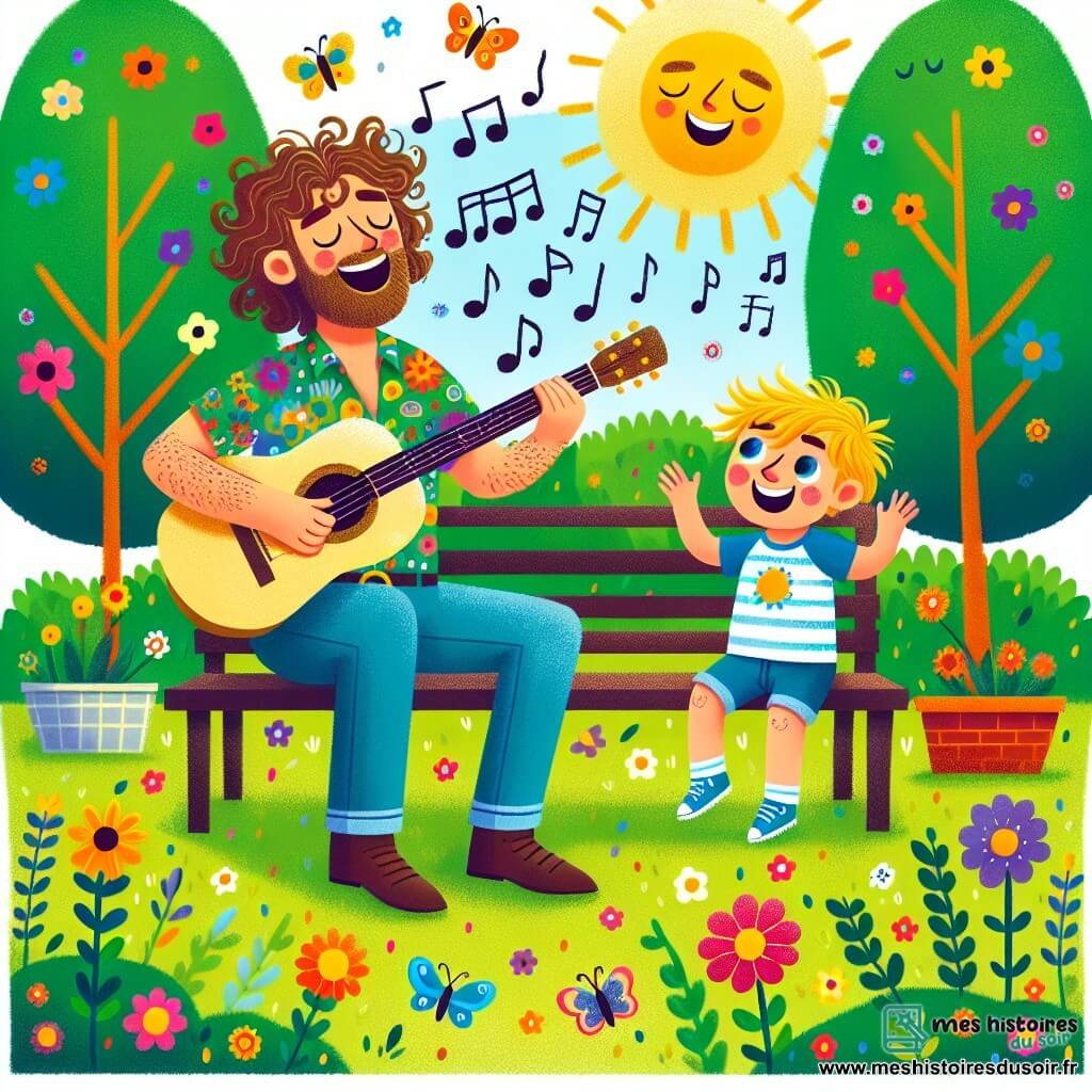 Max, un homme aux cheveux bruns et bouclés, sourit en chantant sur un banc dans un parc ensoleillé, tenant une guitare. À ses côtés, Léo, un garçon de 8 ans aux cheveux blonds, applaudit avec enthousiasme. Le parc est rempli de fleurs colorées et d'arbres verdoyants, avec des papillons multicolores volant autour d'eux. Ils chantent ensemble, créant une ambiance joyeuse et festive.
