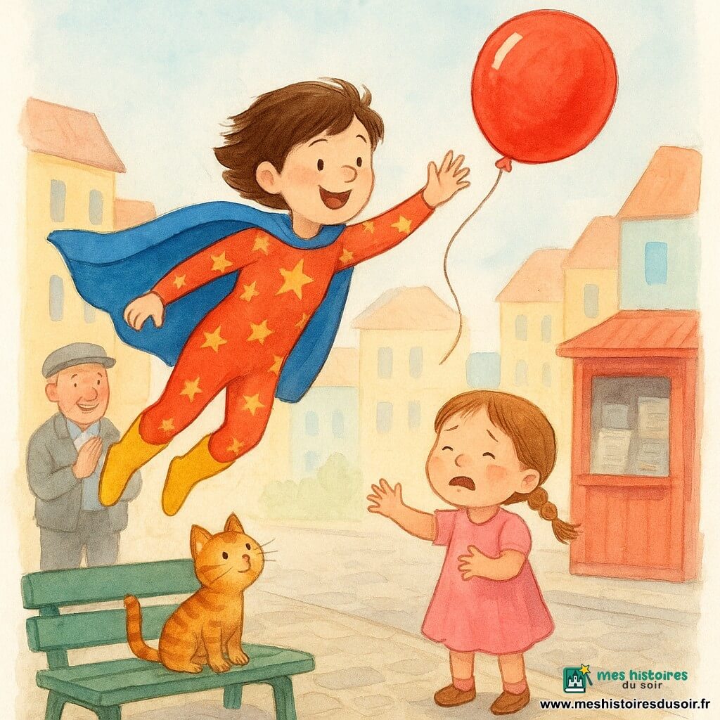 Une super-héroïne malicieuse aux cheveux courts bruns, cape bleue flottante, pyjama rouge à étoiles et bottes jaunes saute pour attraper un ballon rouge brillant au-dessus d'un banc; à droite, une fillette garçonne d'environ 4 ans en robe rose et tresses pleure puis sourit en tendant les bras; à gauche, derrière, un homme d'environ 70 ans au kiosque à journaux, chapeau gris envolé, sourit et applaudit; un chat tigré sur le banc regarde le ballon; rue colorée aux maisons pastel, trottoir pavé, banc vert et kiosque rouge; instant comique et tendre, mouvement suspendu et sourires naissants.