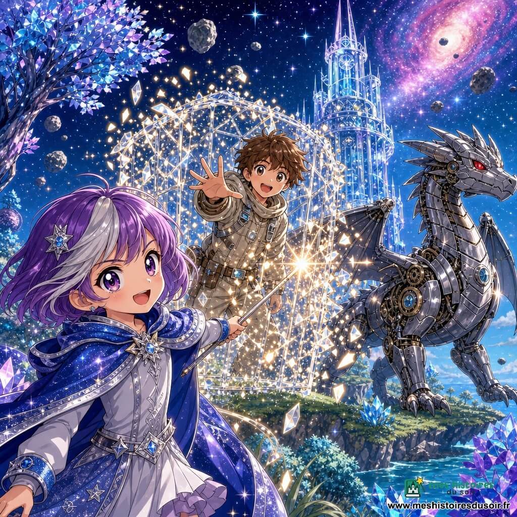 Lyra, héroïne au premier plan, visage déterminé et sourire confiant, porte une cape bleu-argent étincelante, cheveux courts violets avec une mèche argentée et tient une baguette fine émettant des paillettes dorées; derrière elle, Orion, garçon d'environ 14 ans, soulagé et reconnaissant, tend la main depuis une cage lumineuse qui se dissout en fragments lumineux; à côté de la tour, un dragon mécanique aux yeux rubis recule respectueusement, carrosserie métallique polie avec engrenages visibles; décor : île-planète nocturne avec une tour de verre au sommet d'une colline, arbres aux feuilles de cristal scintillantes, ciel étoilé parsemé de nébuleuses roses et turquoises et petits astéroïdes flottants; scène centrée sur l'union Lyra–Orion, baignée d'un doux halo étoilé, fort contraste entre le verre scintillant et les reflets métalliques, style couleurs vives et pastel, traits nets type manga enfantin et expressions chaleureuses.