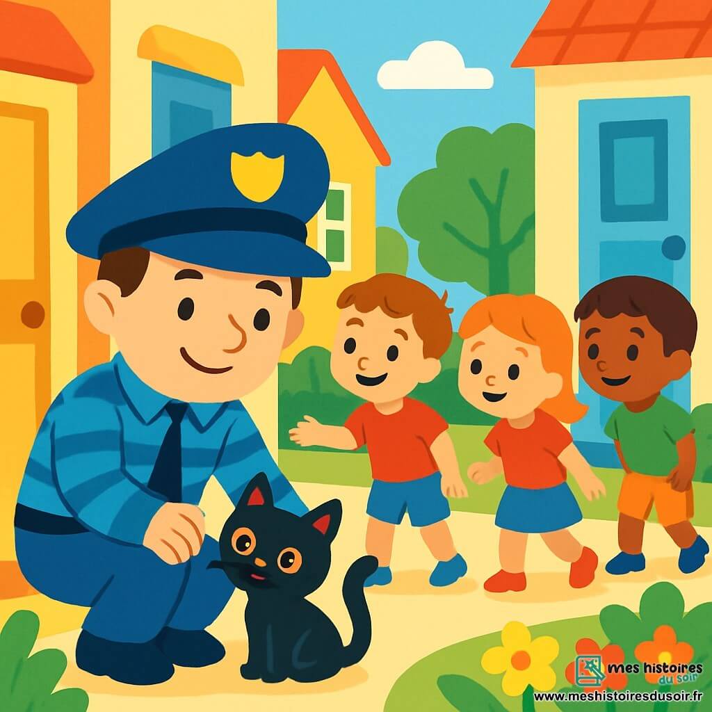 Un policier souriant, Monsieur Paul, porte un grand chapeau bleu et un uniforme rayé. Il s'accroupit avec bienveillance, regardant un petit chat noir aux yeux brillants qui se frotte contre sa jambe. À côté de lui, trois enfants joyeux, deux garçons et une fille, âgés de 6 à 8 ans, en t-shirts colorés et shorts, explorent avec curiosité. La scène se déroule dans une rue animée d'un quartier paisible, avec des maisons colorées, des arbres verts et des fleurs éclatantes. Monsieur Paul et les enfants cherchent le propriétaire du petit chat perdu, affichant des expressions d'entraide et de camaraderie.