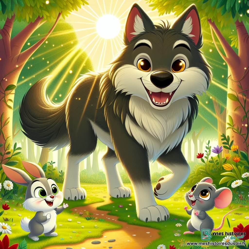 Au centre de l'image, un grand loup au pelage sombre et aux yeux brillants, avec une expression douce, se tient dans une clairière ensoleillée. À sa droite, un petit lapin blanc nommé Léo saute joyeusement, et à gauche, Mia, une petite souris grise, regarde le loup avec surprise tout en tenant une petite fleur. La clairière est entourée d'arbres majestueux et de fleurs colorées, créant une atmosphère magique. Léo et Mia, après avoir surmonté leur peur, rencontrent le loup pour la première fois, découvrant qu'il est un ami potentiel. L'image capture ce moment de surprise et de joie, symbolisant le début d'une belle amitié.