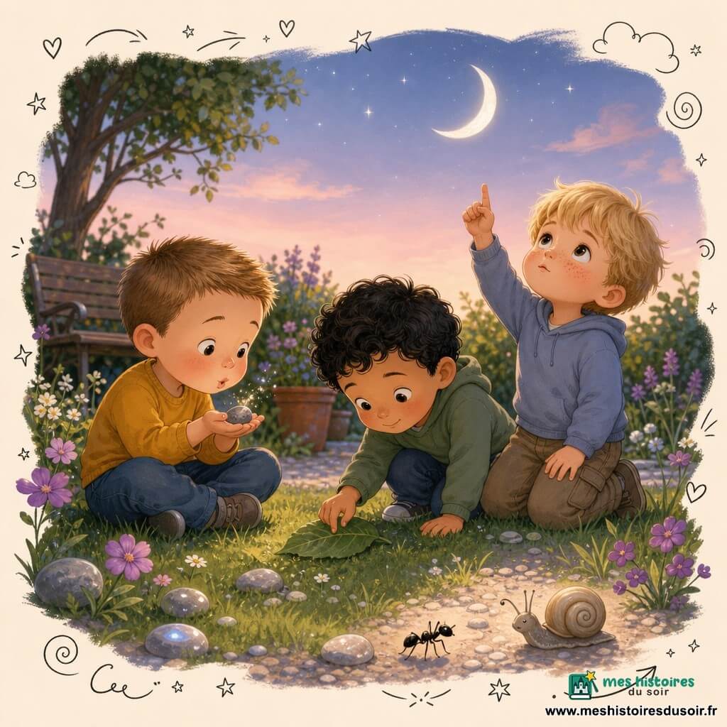 Trois garçons d’environ 3 ans explorent un jardin au crépuscule : à gauche un garçon aux cheveux châtain clair en coiffure en brosse tient et souffle sur un petit caillou brillant, au centre un garçon à peau mate et cheveux noirs bouclés touche du bout des doigts une feuille, à droite un garçon blond clair avec des taches de rousseur, à genoux, pointe la lune du doigt. Le jardin est baigné d’une lumière douce, herbe verte parsemée de fleurs mauves et blanches, un pot en terre cuite, une allée en gravier et un banc sous un arbre ; le ciel crémeux mêle bleu nuit et rose pâle avec une lune en croissant et quelques étoiles. Une petite fourmi avance près d’un escargot gris à coquille beige, des cailloux ronds scintillent ; l’ambiance est calme, gestes tendres, mise en valeur des mains et des visages émerveillés.