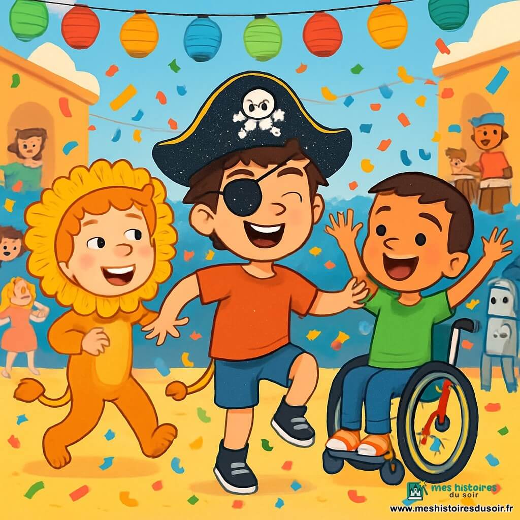 Trois personnages sont présents : Noah, un garçon de 8 ans avec des cheveux bruns en bataille, un chapeau de pirate scintillant et un cache-œil noir, qui danse joyeusement au centre de la scène ; Léo, un garçon de 7 ans déguisé en lion avec des cheveux blonds bouclés et des taches de rousseur, qui danse autour de Noah ; et Sam, un garçon de 8 ans en fauteuil roulant, décoré de serpentins, qui lève les bras en rythme. La scène se déroule sur une place animée, avec des lampions colorés et des enfants déguisés dansant autour d'une scène musicale. Les trois amis dansent ensemble, riant et s'amusant, sous une pluie de confettis, créant une atmosphère festive et joyeuse.