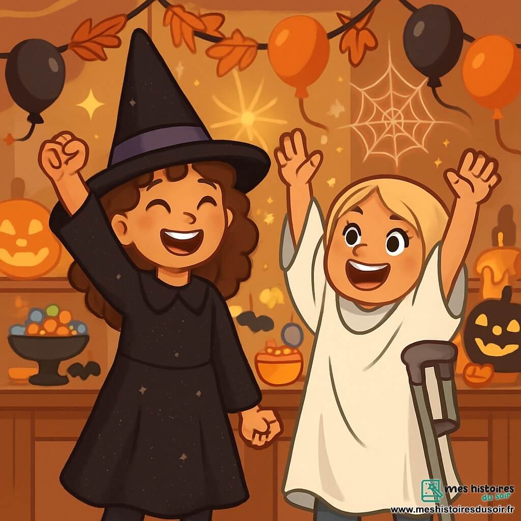 Deux personnages principaux : Emma, une fille de 10 ans aux cheveux bouclés et bruns, souriante dans un costume de sorcière noir avec des paillettes, se tient à gauche avec un chapeau pointu. Léa, également âgée de 10 ans, a des cheveux lisses et blonds, utilise une béquille et porte un déguisement de fantôme blanc, souriante, à droite d'Emma. La scène se déroule dans une salle de fête d'Halloween, décorée de citrouilles lumineuses, de toiles d'araignées et de guirlandes d'automne, avec des ballons noirs et oranges au plafond et une table remplie de friandises. Emma et Léa, les bras levés en signe de victoire, célèbrent leur succès après avoir découvert un trésor caché.