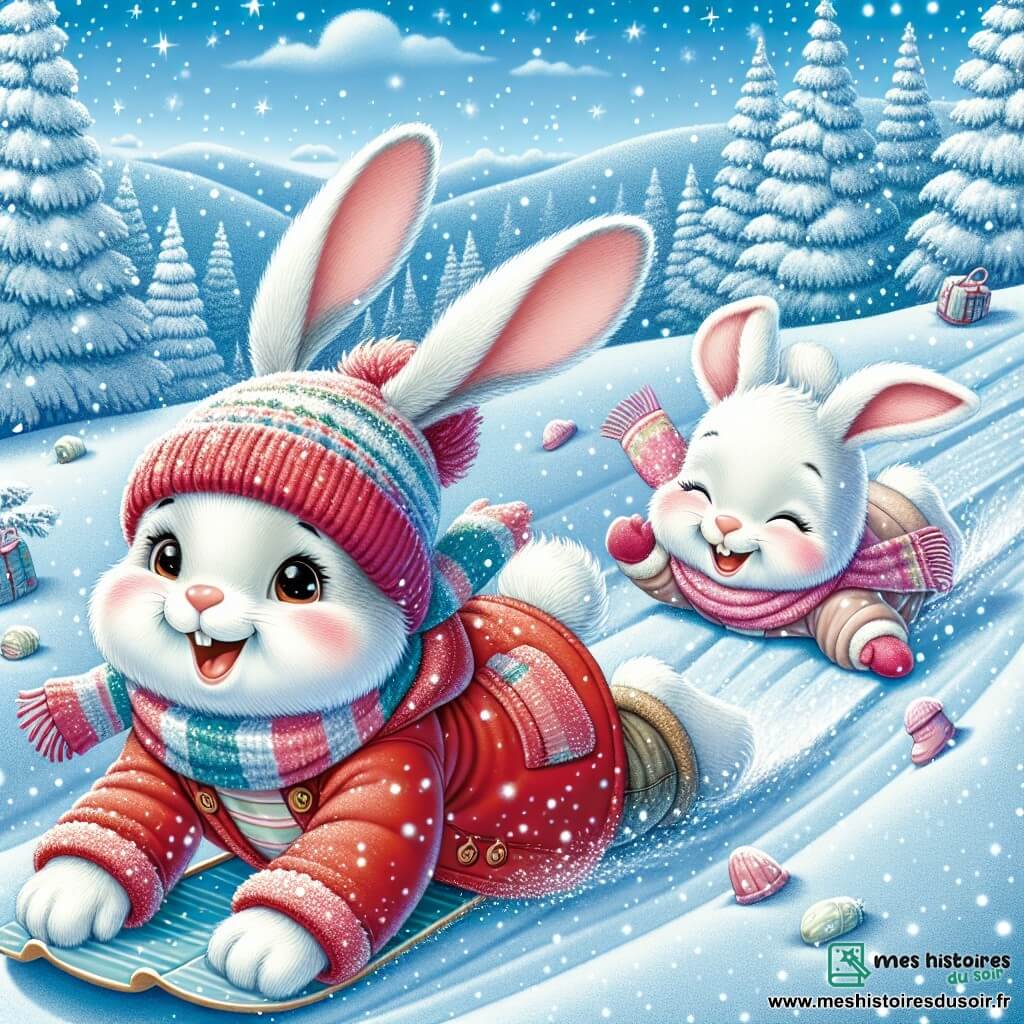 Léo, un jeune lapin aux grandes oreilles et à la fourrure douce, glisse joyeusement sur une pente enneigée, souriant d'excitation. Il porte une veste rouge et un bonnet en laine, ses pattes s'élançant sur la neige scintillante. À ses côtés, sa petite sœur Mia, avec sa fourrure blanche et ses yeux pétillants, rit en essayant de le rattraper, ses joues roses de bonheur. Elle est vêtue d'une veste rose et d'une écharpe colorée, ses oreilles flottant au vent. Le décor est une colline recouverte de neige, entourée d'arbres chargés de flocons, sous un ciel bleu éclatant. Léo et Mia s'amusent ensemble, capturant l'esprit joyeux de l'hiver et leur amour fraternel.