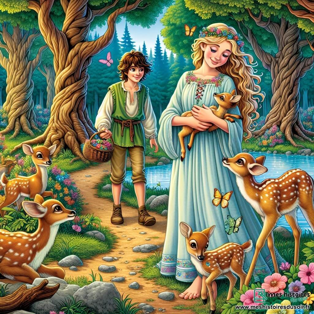 Élodie, une jeune femme aux longs cheveux dorés et aux yeux curieux, se tient au bord d'un lac argenté, souriante. Elle porte une robe légère en coton bleu ornée de fleurs et tend la main vers un petit faon qu'elle vient de libérer, affichant douceur et compassion. À proximité, un jeune garçon d'environ 10 ans, avec des cheveux bruns en bataille et des yeux émerveillés, observe la scène. Vêtu d'une tunique verte et d'un pantalon en toile, il tient un panier de baies, admirant le lien entre Élodie et le faon. Le paysage est une forêt enchantée avec de grands arbres, des fleurs multicolores et des papillons. Élodie libère le faon pris dans un buisson épineux, tandis que le garçon, émerveillé, assiste à cette scène touchante, symbole de l'harmonie entre l'humain et la nature.