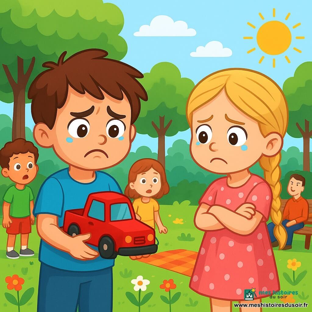 Un garçon de 6 ans, Max, avec des cheveux bruns en bataille et des yeux curieux, tient un camion rouge. Il exprime frustration et tristesse, tandis qu'à côté, Léa, une fille de son âge aux cheveux blonds tressés et en robe rose à pois, regarde le camion avec désolation, les bras croisés sur l'herbe. Le parc est ensoleillé, avec de grands arbres et des fleurs colorées. Une couverture à carreaux est près d'un banc où des parents sourient en observant les enfants. Max et Léa se disputent le camion rouge, les larmes aux yeux, sous le regard intrigué d'autres enfants, créant une tension palpable malgré l'atmosphère chaleureuse.