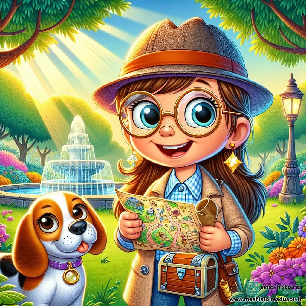 Emma, une petite fille de 6 ans avec de longs cheveux bruns et des lunettes rondes, sourit en tenant une carte au trésor. Elle porte un chapeau de détective et une loupe autour du cou, montrant son enthousiasme. À ses côtés, Max, un beagle aux oreilles tombantes, regarde la carte avec curiosité. La scène se déroule dans un parc verdoyant avec des arbres, des fleurs colorées et une fontaine. Emma et Max ont découvert un coffre mystérieux derrière un buisson, intrigués par un bruit étrange, et s'apprêtent à l'ouvrir pour révéler son contenu.