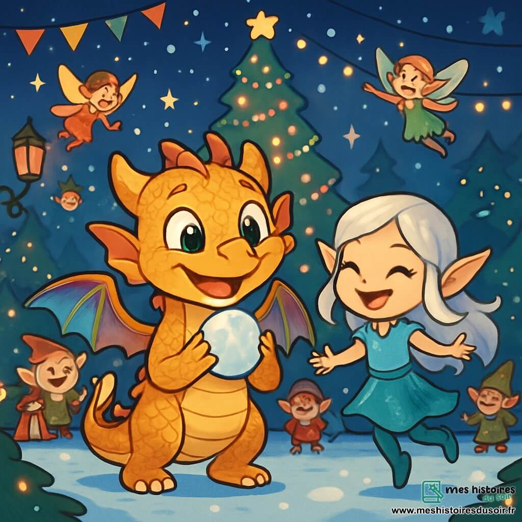 Un petit dragon nommé Flammèche, aux écailles dorées et aux ailes arc-en-ciel, sourit en tenant une boule de neige magique. Ses yeux brillent d'excitation au centre d'une place animée, entouré de créatures fantastiques. À ses côtés, l'elfe Glisselda, avec des cheveux argentés, danse joyeusement, flottant légèrement au-dessus du sol. La place est décorée de sapins géants ornés de lumières et de guirlandes, tandis que des fées et des lutins préparent une grande fête de Noël. La neige tombe doucement, créant une atmosphère magique et festive, avec Flammèche et Glisselda organisant une fête des lumières sous un ciel étoilé.