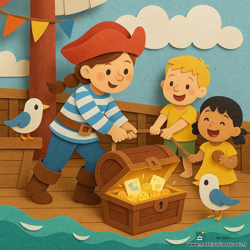 Femme pirate Mina, souriante et déterminée, chapeau rouge, tresse brune et taches de rousseur, chemise rayée bleue et blanche et grandes bottes marron, tire un coffre lourd sur le pont d'un bateau en bois au grand mât rouge; un garçon d'environ 6 ans blond aide en s'accrochant à la corde, une fillette de 4 ans aux couettes noires en robe jaune rit en tenant un biscuit près du coffre ouvert où brillent des cartes et des biscuits; un petit oiseau blanc et bleu sur le bastingage regarde le coffre; eau turquoise avec vagues, fanions colorés, lumière douce dorée, ambiance joyeuse et couleurs vives, composition centrée sur Mina et le coffre.