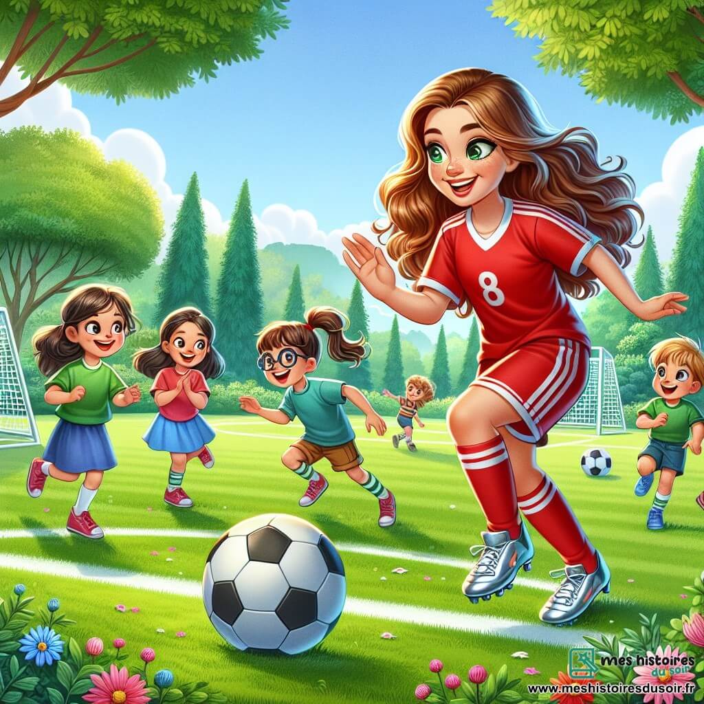 Clara, une femme joyeuse d'environ 25 ans, porte un maillot rouge vif et des chaussures de football brillantes. Elle dribble un ballon de football avec agilité, entourée d'enfants qui l'observent avec émerveillement. Parmi eux, une petite fille de 8 ans, avec des couettes et un t-shirt bleu, essaie de dribbler le ballon, riant de sa tentative. Un garçon de 9 ans, avec des lunettes et un short vert, applaudit et encourage la petite fille, admirant Clara. La scène se déroule dans un parc verdoyant avec un terrain de football au centre, où les enfants jouent joyeusement. Clara montre aux enfants comment jouer au football, créant une atmosphère de camaraderie et de joie.