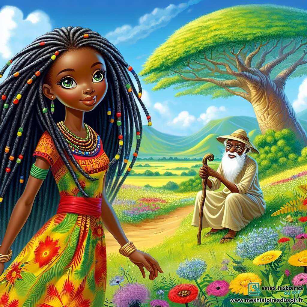 Kadiatu, une jeune femme africaine d'une vingtaine d'années, se tient au sommet d'une colline verdoyante, déterminée et curieuse. Elle a de longs cheveux noirs tressés, ornés de perles colorées, et porte une robe traditionnelle aux motifs vibrants. Ses yeux brillent d'excitation alors qu'elle scrute l'horizon, prête à découvrir un trésor caché. À proximité, un vieux sage d'environ soixante-dix ans est assis sous un baobab, son visage ridé illuminé par un sourire bienveillant. Il porte une tunique en lin beige et un chapeau en paille, observant Kadiatu avec fierté. Le paysage est une colline parsemée de fleurs sauvages, avec un ciel bleu éclatant et une forêt dense au loin. Kadiatu, pleine d'espoir, se prépare à entrer dans la grotte où se trouve le trésor, tandis que le sage lui prodigue des conseils sur l'importance de la ruse et de la sagesse.