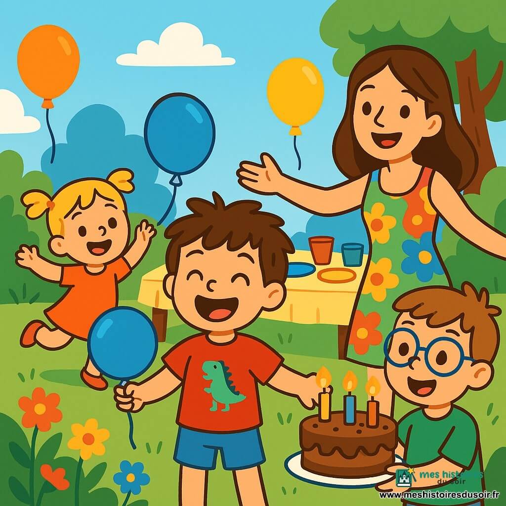 Léo, un petit garçon de 4 ans avec des cheveux bruns en bataille et un grand sourire, est au centre de l'image. Il porte un t-shirt rouge avec un dinosaure et un short bleu, tenant un ballon bleu vif. À ses côtés, sa maman, souriante, l'encourage avec des bras ouverts. Dans le jardin, ses amis Lila, une petite fille de 4 ans avec des cheveux blonds en couettes, et Tim, un garçon de 5 ans avec des lunettes, tiennent un gâteau au chocolat décoré de bougies. Le jardin est coloré avec des fleurs, des ballons et une grande table décorée. Au fond, un arbre offre de l'ombre, et le ciel est bleu avec quelques nuages. La scène montre Léo entouré de ses amis, prêt à souffler sur les bougies de son gâteau d'anniversaire, dans une ambiance festive et joyeuse.