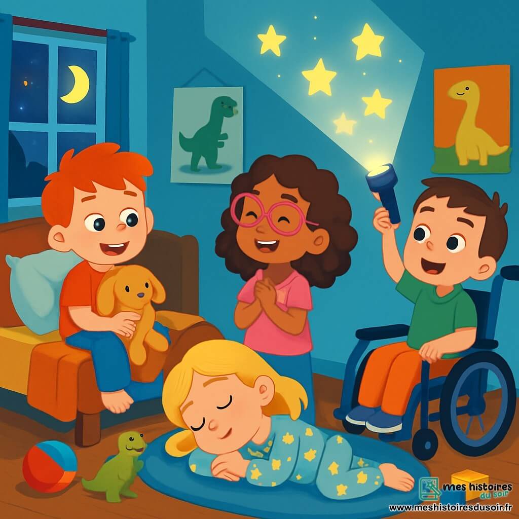 Quatre enfants sont réunis dans la chambre de Tom : Tom, 8 ans, aux cheveux roux, est assis sur son lit avec son doudou ; Léa, 7 ans, porte des lunettes roses et chante à côté de lui ; Lucas, 8 ans, utilise un fauteuil roulant bleu et éclaire le plafond avec une lampe de poche ; Sarah, 7 ans, est allongée sur le tapis, les yeux fermés, rêvant d'histoires. La chambre est décorée de posters de dinosaures, de jouets colorés, avec des murs bleu pastel et une douce lumière de lune créant une ambiance chaleureuse. Les enfants chantent ensemble pour surmonter leur peur du noir, entourés d'étoiles dessinées au plafond.