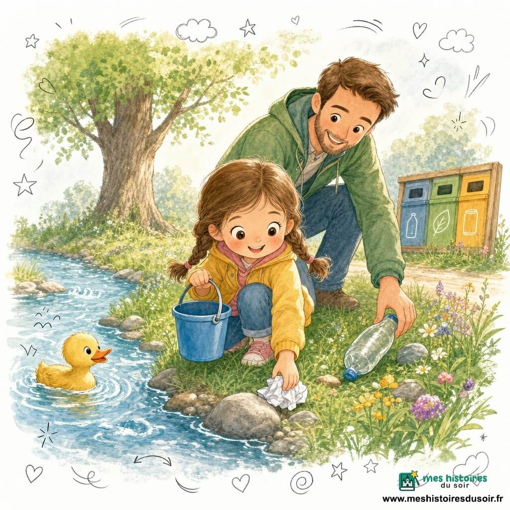 Fille de 4 ans, contente et fière, visage rond, cheveux châtain en deux petites nattes, tient un petit seau bleu et ramasse un papier près d’un caillou ; père d’environ 35 ans, souriant, barbe légère, veste verte, se penche derrière elle pour l’aider à prendre une bouteille en plastique ; petit canard jaune nage à gauche dans la rivière ; rive matinée d’herbe et fleurs sauvages, eau claire à petites vagues, quelques cailloux, grand arbre en arrière-plan et panneau de tri coloré ; scène de nettoyage attentive, la fillette met des déchets dans son seau pendant que le père montre la poubelle de tri ; ambiance lumineuse en couleurs pastel, style crayons et aquarelle avec petites icônes doodle (feuilles, cœurs, flèches) en surimpression.